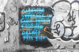 Graffiti words: Carrying wreckage in each tounge touched orange peel kiss 